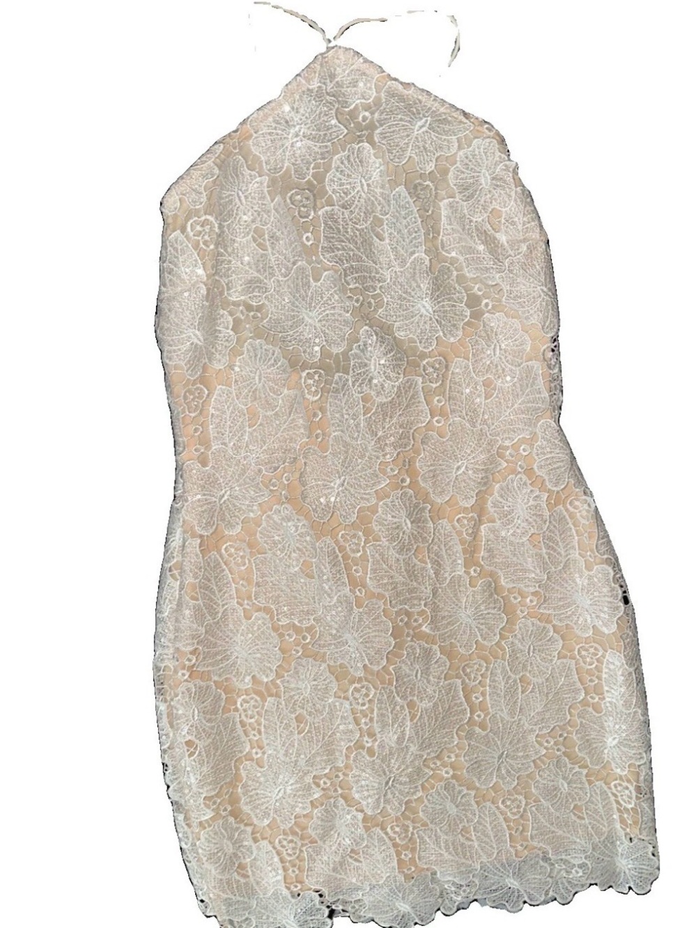 Fashion Nova White Floral Lace Halter Mini Dress over Nude Lining
